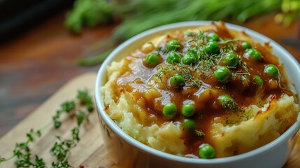 A bowl of creamy mashed potatoes topped with green peas and gravy, garnished with herbs.