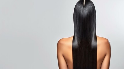 Naklejka premium A young woman with long dark hair poses with her back turned, showcasing a clean and minimalistic aesthetic against a white backdrop.