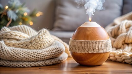 Obraz premium A wooden diffuser emitting a relaxing steam, accompanied by knitted textures and soft lighting, creates a cozy and inviting atmosphere