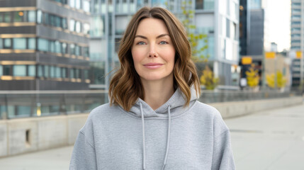 Fototapeta premium A middleaged woman with brown hair models a gray hoodie in an urban setting, perfect for showcasing your designs.