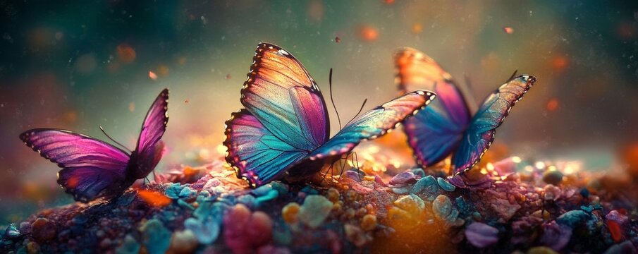 Vibrant Iridescent Butterflies on Colorful Fantasy Background with Geometric Patterns - Powered by Adobe