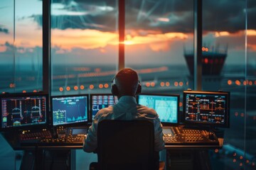 Rear view of a air traffic controller in control tower