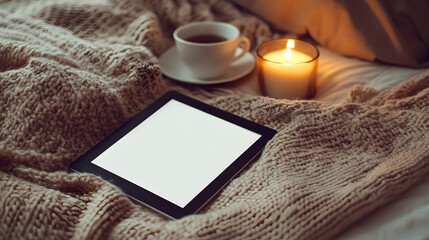 Cozy Setup with Blank Screen Ebook Reader and Warm Surroundings