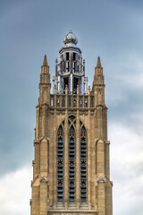 Tall Gothic-style tower of Perkins School for the Blind in Watertown, Massachusetts, USA
