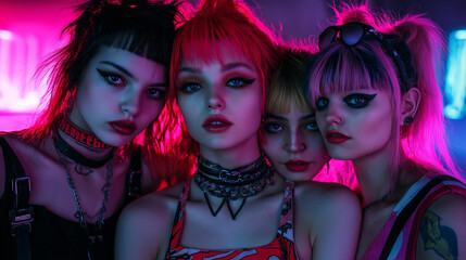 Obraz premium Group shot of women with punk-inspired cuts, neon lighting