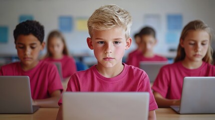 Fototapeta premium A focused classroom of children in pink shirts working intently on laptops, emphasizing engagement in digital learning and technology.