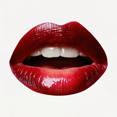 Obraz premium close-up of a pair of sensual, glossy red lips. The lips are prominently featured, taking up the majority of the frame, with the teeth visible in the center. The lighting and focus draw attention