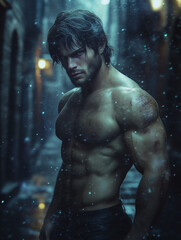 handsome man in a street at night - shirtless - generative ai
