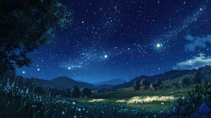 Starry Night Sky Over Tranquil Meadow with Rolling Hills and Distant Mountains Under a Beautiful Cosmic Display of Stars and Constellations