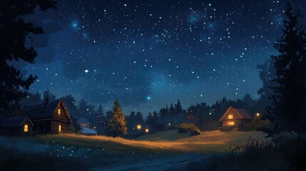 Fototapeta premium Serene Night Sky Over Rustic Cabins in a Forest Clearing with Sparkling Stars and Dimly Lit Windows Illuminating a Tranquil Countryside Scene