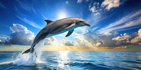 Obraz premium A majestic dolphin leaps from the turquoise water towards the sun-drenched sky, leaving a trail of glistening droplets in its wake