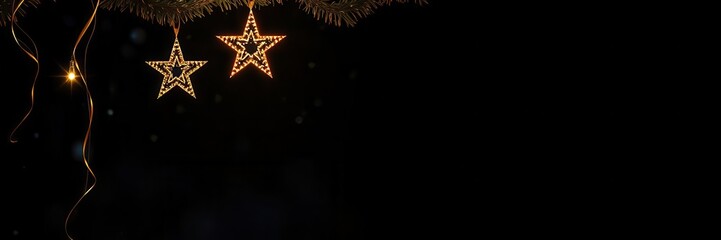 Obraz premium Gold star shaped light suspended against a dark backdrop with a soft glow, hanging, Christmas, shimmer