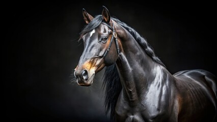 Fototapeta premium A black horse with a striking white star on its forehead, its mane flowing in the wind, stands against a dark background, capturing the essence of grace and strength.