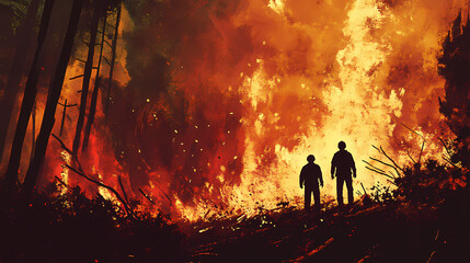 Fototapeta premium Fiery forest inferno with two silhouettes - intense forest fire with towering flames and two silhouetted figures observing amidst the blaze. Inferno. Illustration