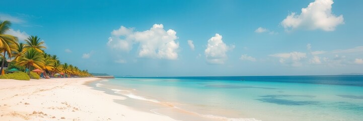 Fototapeta premium Tropical paradise beach with lush island in the background, beach, sand, palm trees