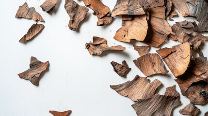 Fototapeta premium Aesthetic Arrangement of Natural Wood Bark Pieces on White Background Highlighting Textures and Earthy Tones for Creative Projects and Organic Designs