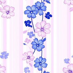 Obraz premium Elegant Floral Pattern with Blue and Pink Flowers on Soft Striped Background, Romantic and Vintage Design for Wallpaper, Fabric, and Decorative Art