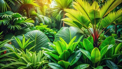 A vibrant tapestry of lush green foliage, illuminated by sunlight filtering through the canopy, creating a tranquil oasis of nature