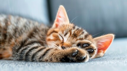 A serene lazy cat snoozes peacefully on a cozy sofa, with a beautifully blurred backdrop adding to the calm ambiance.