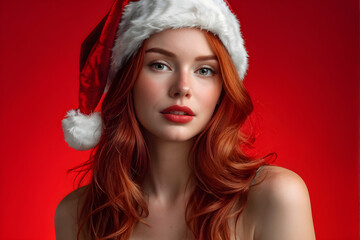 Beautiful woman wearing a red hat in Christmas clothing on a red isolated background
