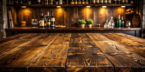 Obraz premium Rustic Wooden Tabletop with Blurred Background of a Cozy Bar with Bottles and Warm Lighting