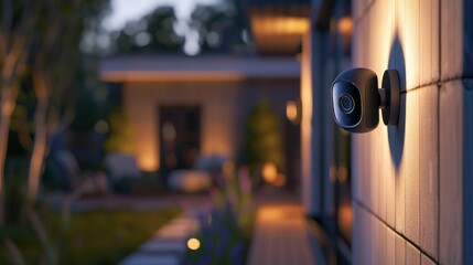 security camera, home surveillance, outdoor security, modern technology, evening lighting, contemporary home, safety monitoring, motion detection, exterior design, privacy protection, sleek design, s