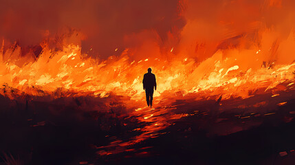 Fototapeta premium A lone figure walks through fiery path. Inferno. Illustration