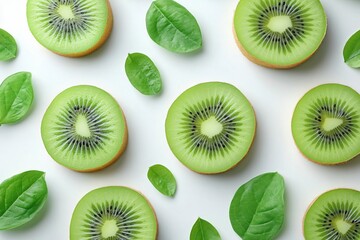 Fototapeta premium Vibrant kiwi slices surrounded by fresh green leaves on a clean white background for a healthy dish
