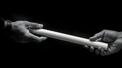 Black and White Photo of Two Hands Passing a Cylindrical Object, Symbolizing Teamwork and Transfer of Responsibility