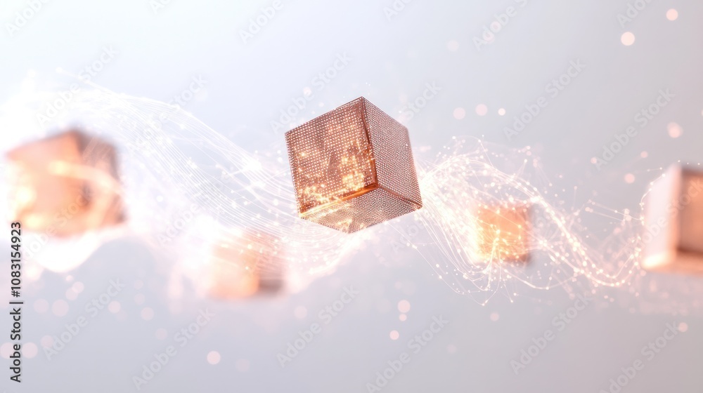 Poster internet framework with floating, illuminated cubes and dynamic energy waves, representing data bein