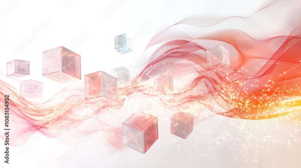 Poster internet framework with floating, illuminated cubes and dynamic energy waves, representing data bein