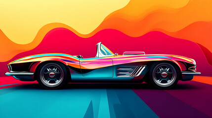 Naklejka premium Vibrant Classic Convertible Car Illustration Against Abstract Colorful Background