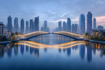 Fototapeta premium Illuminated bridge reflecting in calm water, modern cityscape at dawn.