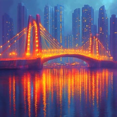 Obraz premium Illuminated bridge spanning a river at night, reflecting city lights.