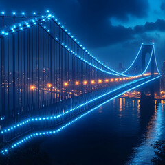Obraz premium Illuminated suspension bridge at night, city skyline.