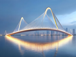 Obraz premium Modern illuminated cable-stayed bridge over calm water at dusk.