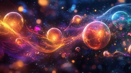 Obraz premium Dynamic visual of radiant atomic fireballs, suspended in a multicolored, otherworldly dimension with glowing fractal patterns and streaks of light,