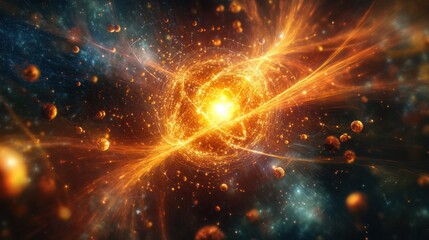 Obraz premium Quantum dimension filled with radiant light beams and small atomic spheres radiating from a central glowing core