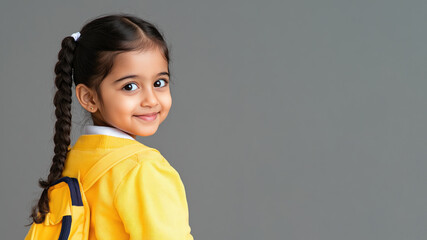 Indian little girl student smiling wearing uniform isolated on gray background