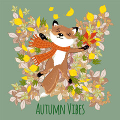 Autumn theme cute illustration with pretty fox kid playing in leaves