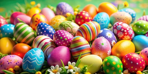 Fototapeta premium A vibrant collection of colorful Easter eggs adorned with intricate patterns and designs, nestled amidst delicate green grass and blooming white flowers.