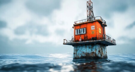 Fototapeta premium A weathered oil rig stands resiliently amidst rolling waves, symbolizing the intersection of human ingenuity and nature's power