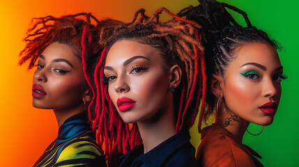 Naklejka premium Portrait of women with bold hairstyles dreadlocks, ringlet curls, shaved designs, vibrant studio lighting