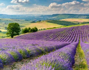 Obraz premium Endless Lavender Fields in Full Bloom, Stretching Across the Countryside With Rolling Hills in the Distance and a Soft Breeze Carrying the Fragrance Through the Air
