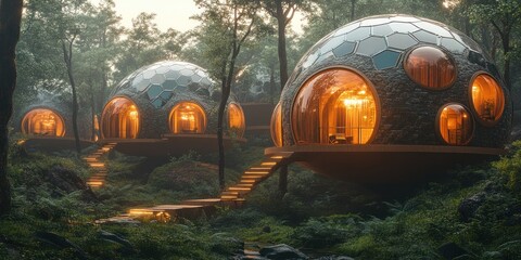Futuristic geodesic dome homes nestled in a misty forest.
