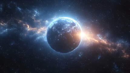 Obraz premium Glowing Celestial Body in Cosmic Nebula: A 3D Render of a Planet Surrounded by Bright, Energetic Gases and Stars, Creating a Stunning Abstract Space Background.