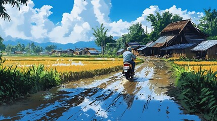 Obraz premium Motorbike on a Muddy Path in a Village