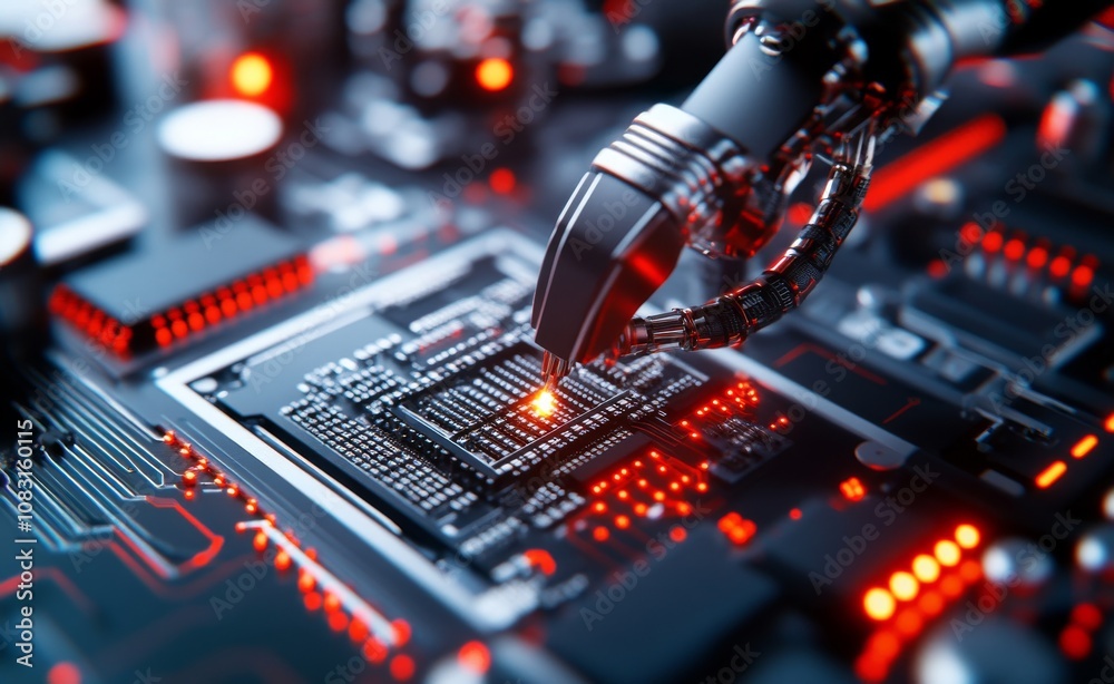 Poster advanced robot manipulates circuit board for enhanced technology integration in modern electronics
