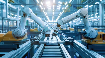 Fototapeta premium A robotic system designed for factory production, optimizing efficiency and precision in manufacturing processes. It performs tasks like assembly, welding, and packaging with high-speed accuracy.