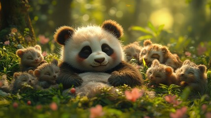 Obraz premium A panda bear trying to do yoga, constantly falling asleep mid-pose, with other animals softly laughing at its cuteness -